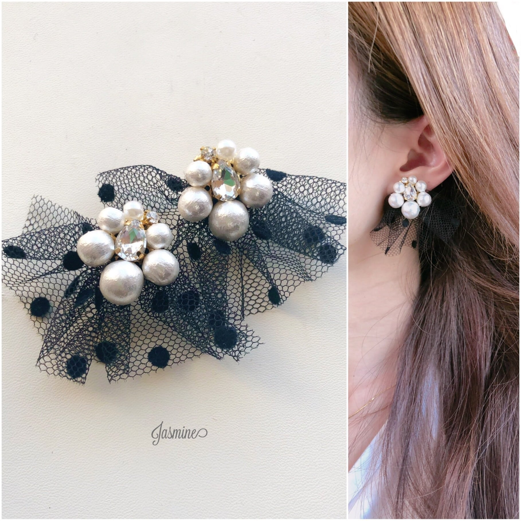 大ぶり コットンパールビジュー×ドットチュール ピアス | Jasmine