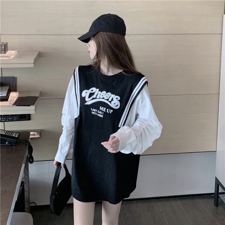 偽の2つのルーズな長袖プリントTシャツの女性2020年秋新しいシックなミドルレングスのブラックトップイン ブラックストロベリース93759999843