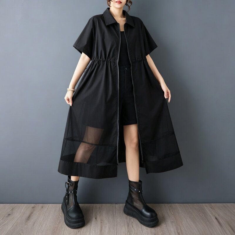 MESH ZIP COLLAR SHORT SLEEVE WAISTED DRESS M-18080