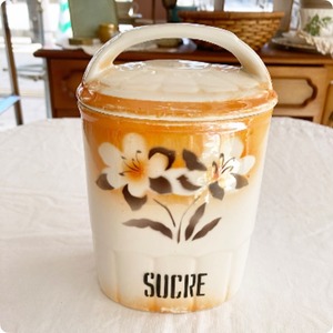 【フランス直輸入】温かみのあるオレンジカラーで空間を彩る アンティーク 白磁製 キャニスター (砂糖)