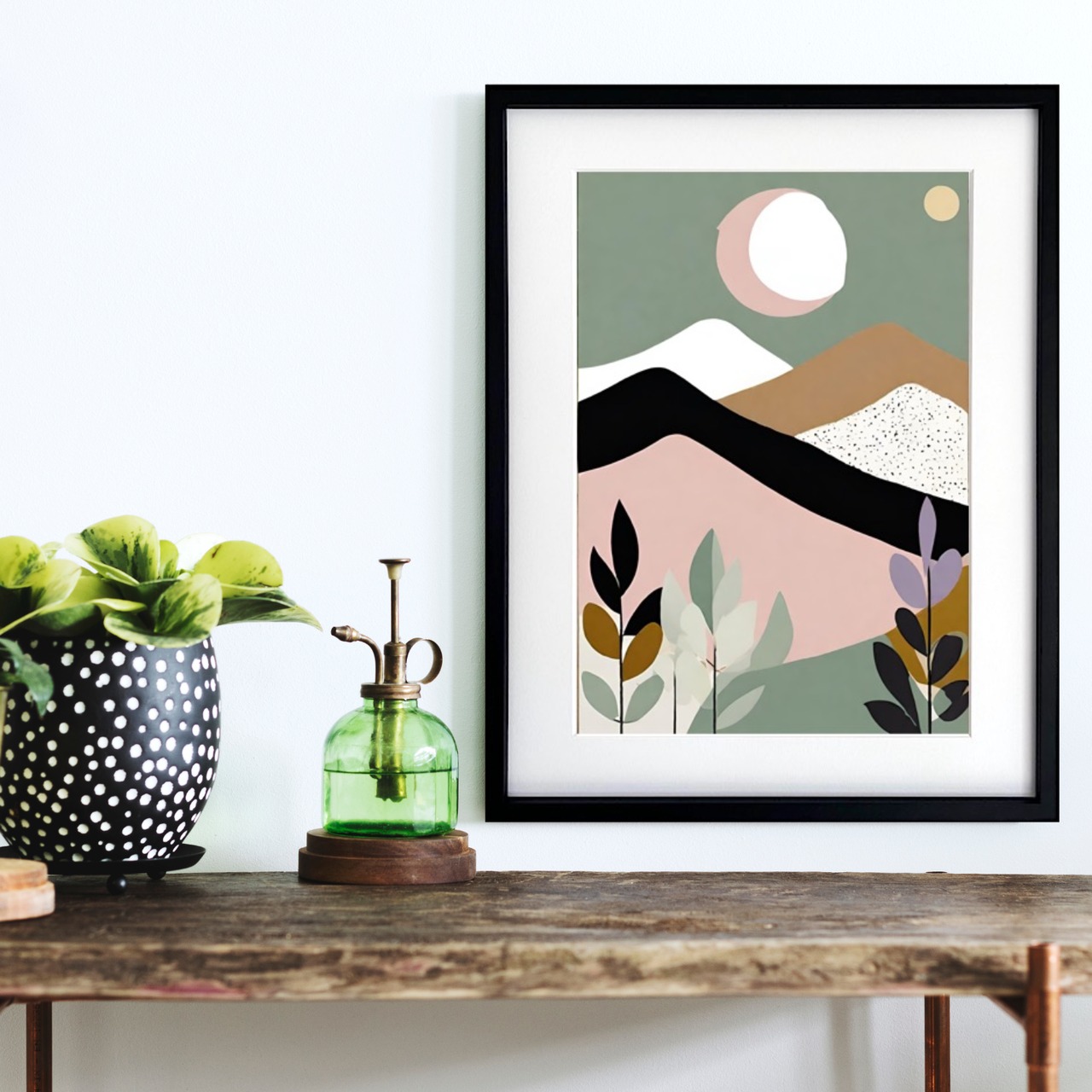 moonlit night｜月と山を描いたレトロボヘミアンアートポスター｜北欧ミニマル空間に合う静かな夜景デザイン｜A4ポスター