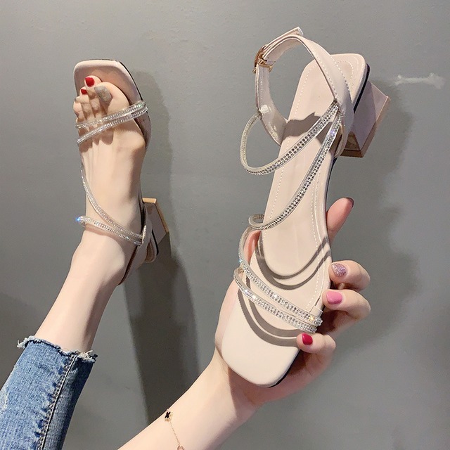 ネットレッドチャンキーヒールサンダル女性の夏2020新しいファッションラインストーンの妖精スタイルオープントゥビーチハイヒールローマンシューズ 部族の婦人靴4721350