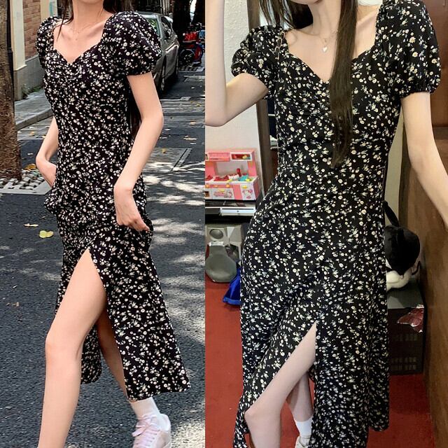 ワンピース レディース ドレス スリット パフスリーブ ボリューム袖 セクシー 小花柄 可愛い おしゃれ フェミニン デート お出かけ 春夏 旅行 ブラック S/M/L/XL/2XL/3XL