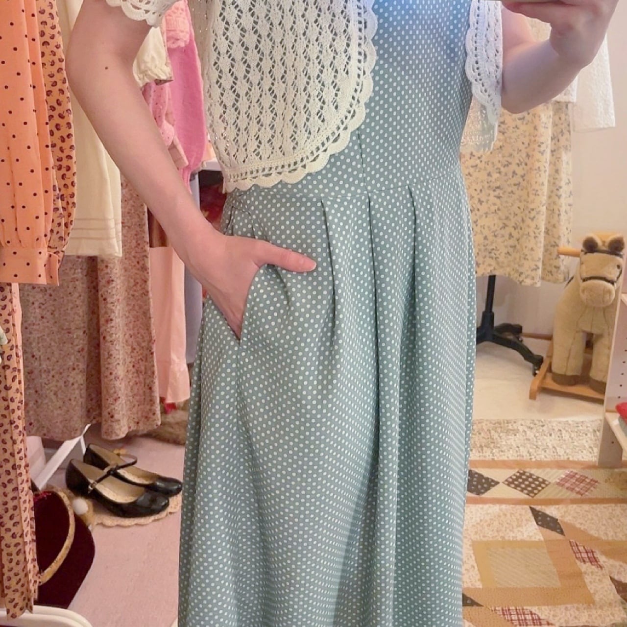 lace collar light green dot one-piece