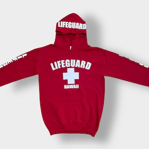 JERZEES パーカー LIFEGUARD ライフガード ロゴ プリント パーカー フーディー プルオーバー 袖プリント スウェット S相当 us古着