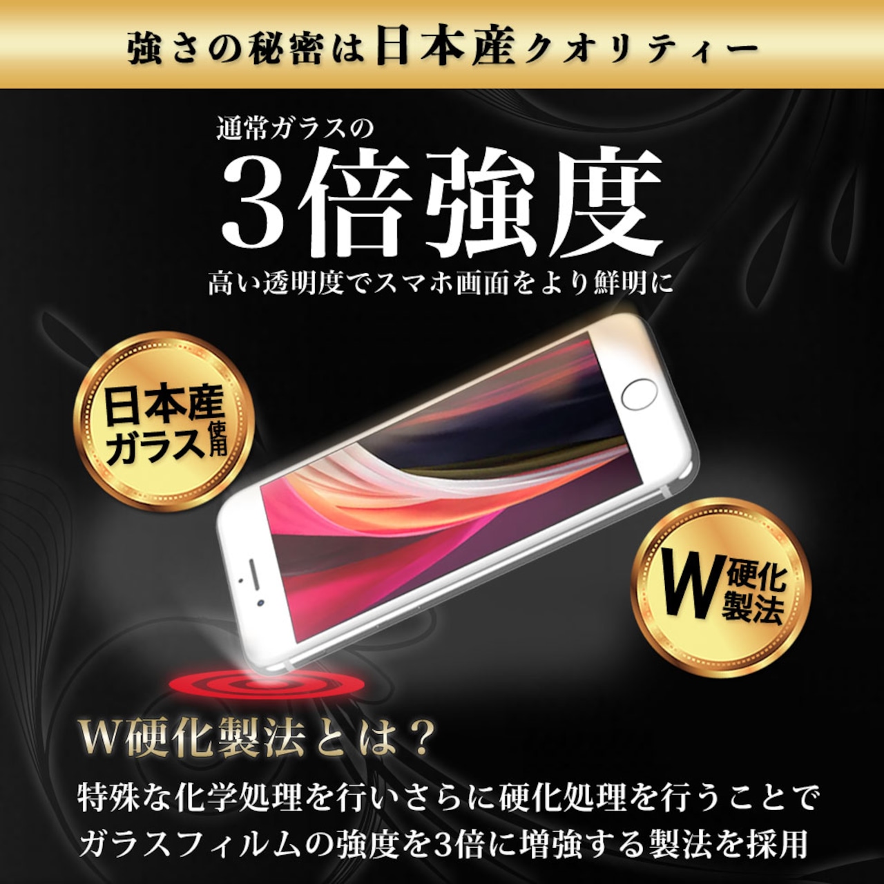 Hy+ iPhone SE3 iPhone SE2 iPhone8 iPhone7 W硬化製法 ガラスフィルム 一般ガラスの3倍強度 全面保護 全面吸着 日本産ガラス使用 厚み0.33mm