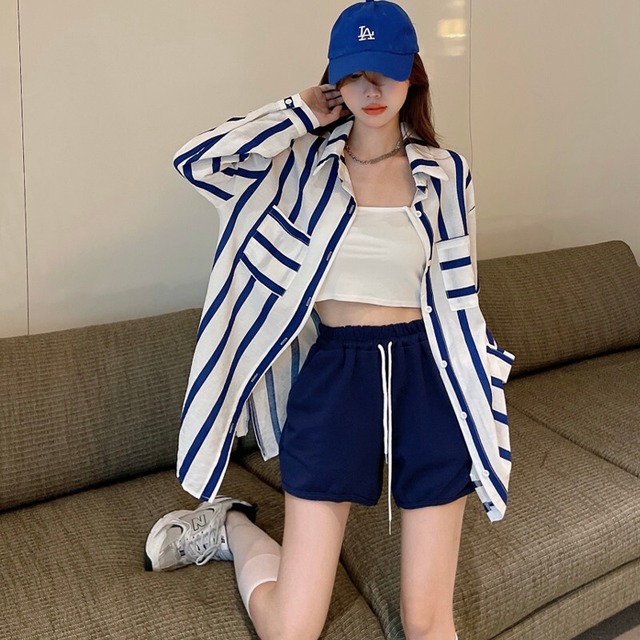 カラールーズストライプシャツ サマーハイウェストウェストカジュアルショーツ ロング 夏物 ブルマー ガールズファッション85403799870