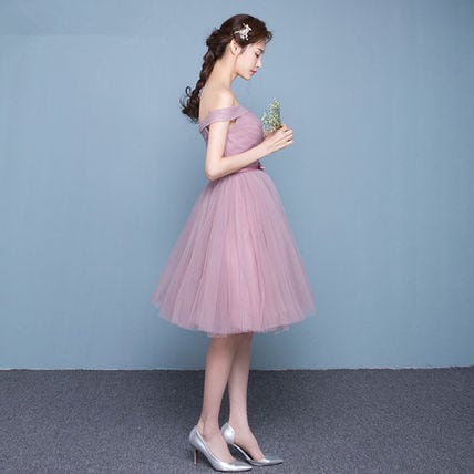 くすみピンク オフショルダーチュールパーティードレス 結婚式 | BIANKA
