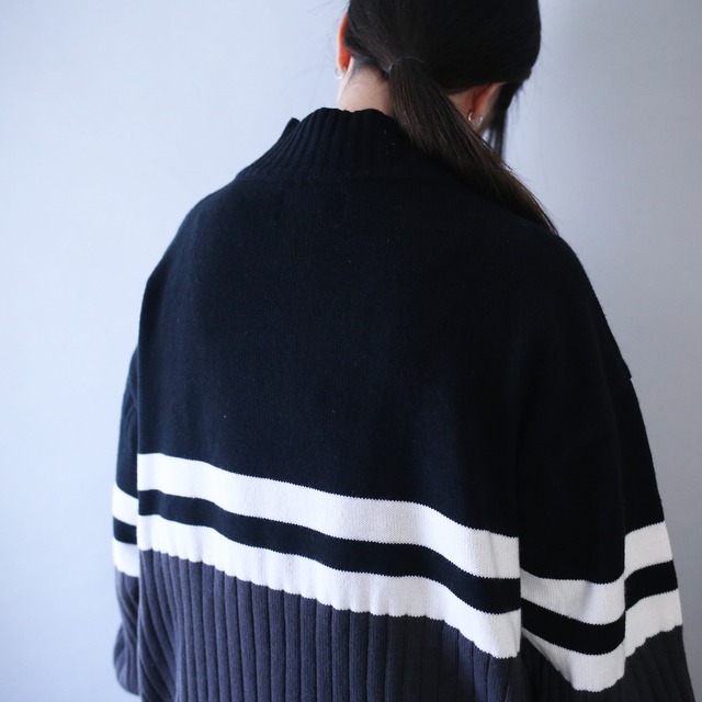 monotone switching color pattern over silhouette half-zip knit