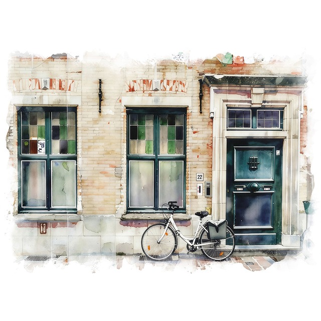 絵画 ベルギー 風景画(街並み) ゲント 自転車のある風景 インテリアアート額付き 水彩画・油絵調 WAT0345