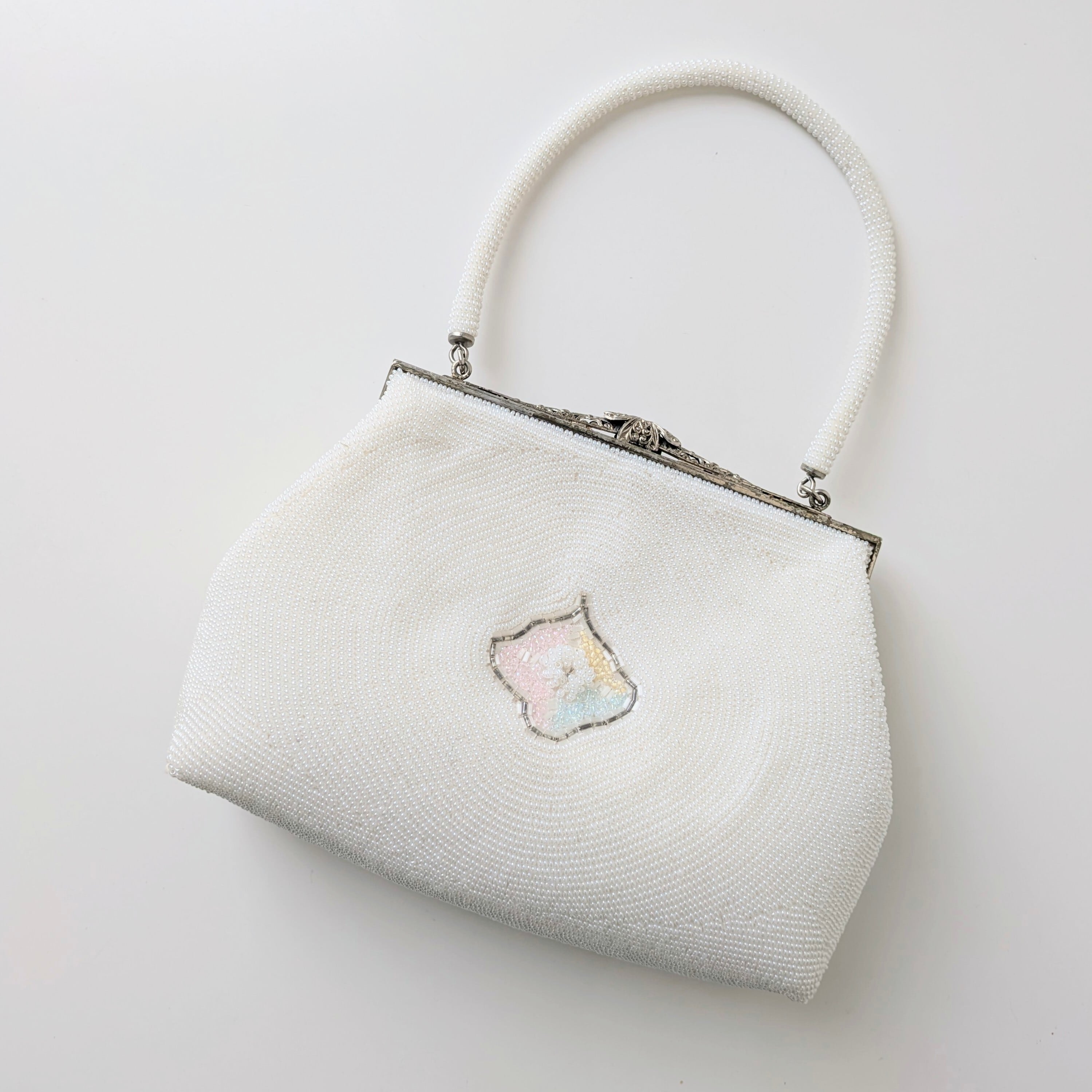 Vintage】ビーズ刺繍バッグ 白 菱形 パステルカラー 小花 パーティー