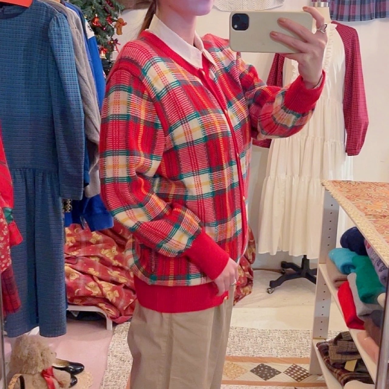 red green check knit cardigan