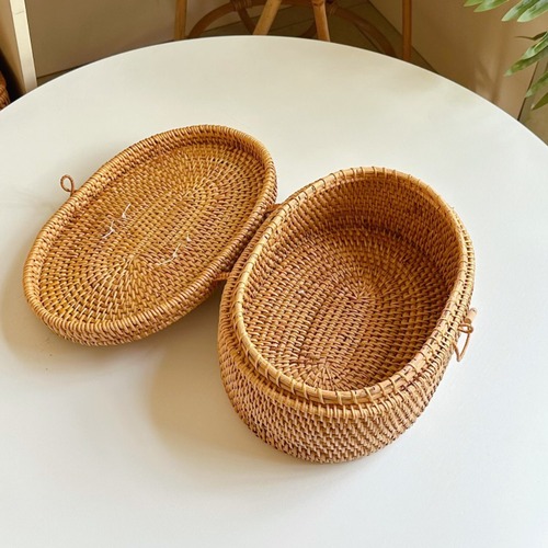 ラタン バスケット 手編み 収納ボックス 蓋付き かご 天然素材 ナチュラル インテリア 小物入れ 整理整頓 編みかご 収納かご アジアン雑貨 ボヘミアン 持ち手付き