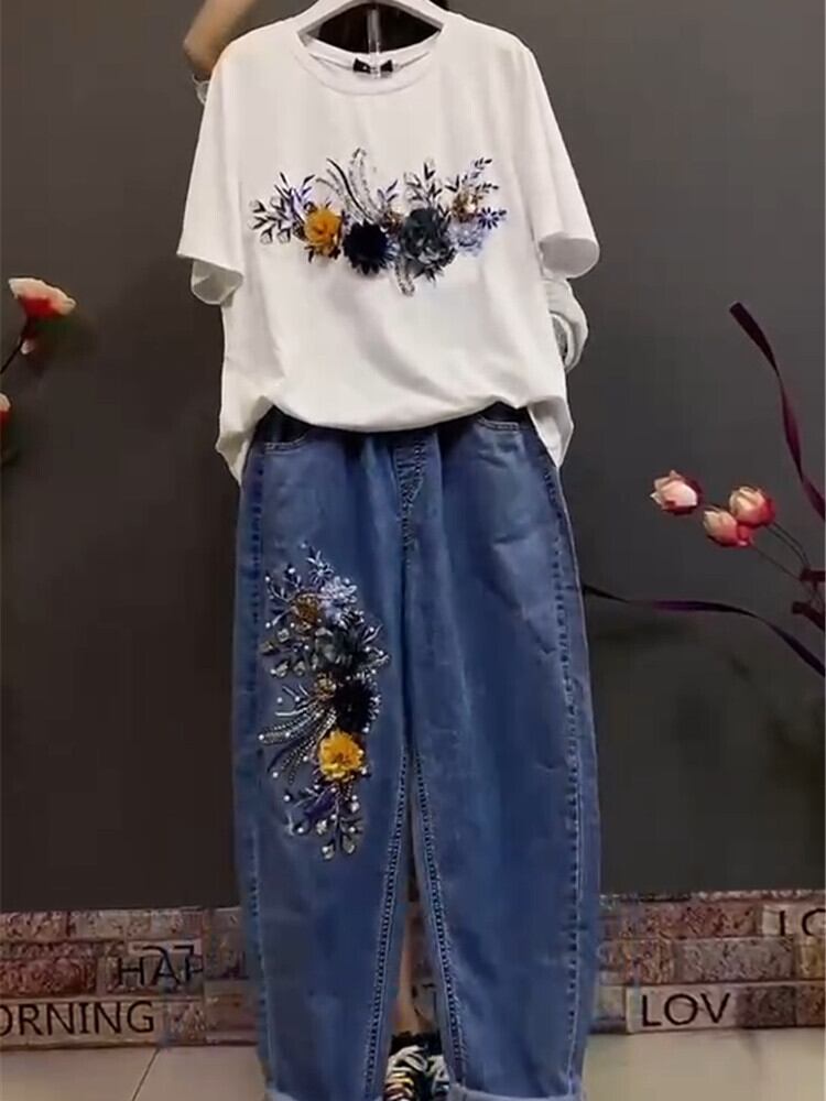 スプリングラウンドネックFlowerデザイン 半袖スリーブジーンズ ハーフスリーブ 大きめサイズ 春物 Oネック フラワーデザイン ミックスインファッション23598512257