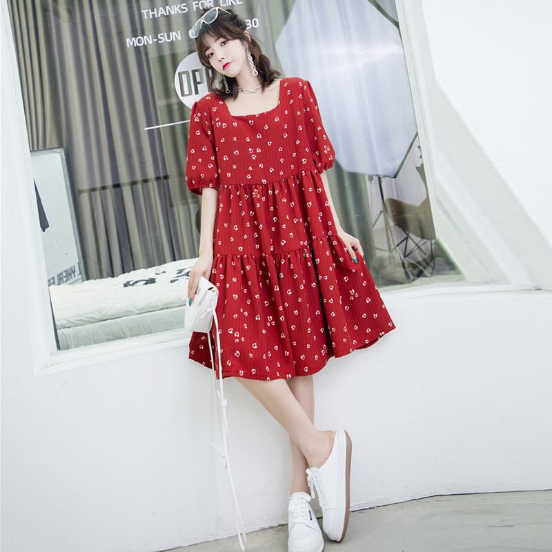 サマースタイルルーズカラーウェスト薄手ドレス 夏物 スクウェア ステッチ ミックスインファッション5765170583