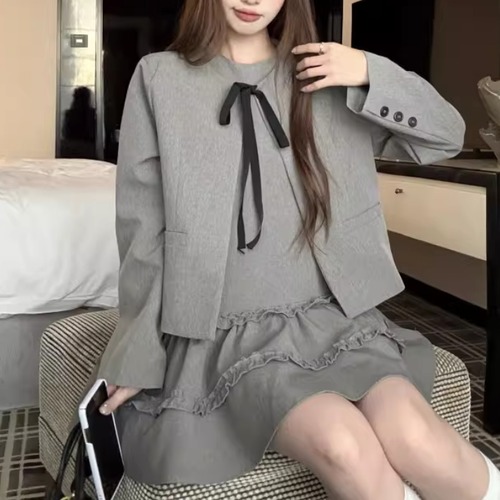 【2点セット】ノーカラーリボンジャケット＋ティアードフリルノースリーブワンピ ・76021