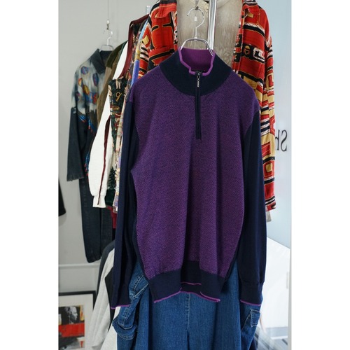 Bryan Ralph パープル×ネイビー ハーフジップ ニット（表記54・実寸XL相当）｜NA436