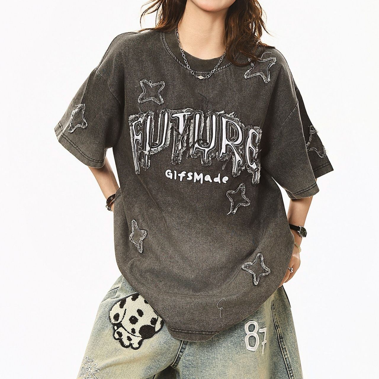 スターダメージレタリングウォッシュライクTシャツ 2col R02320