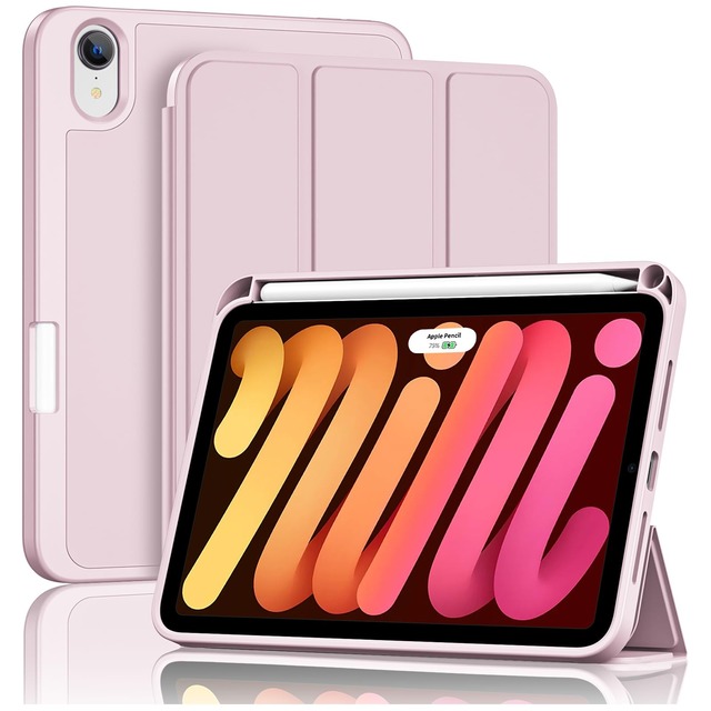 ProCase iPad Mini A17 Pro 第7世代 (2024発売) Mini6 第6世代 (2021発売) ケース 8.3インチ ペンホルダー付き オートスリープ/ウェイク機能 耐衝撃 三つ折りスタンド 適用機種:iPad Mini A17 Pro 第7世代 2024、iPad Mini 6世代 2021 - ライトピンク