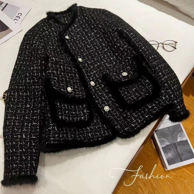ファーパイピング キルティングライナー付き ツイードジャケット ブラック JK00119