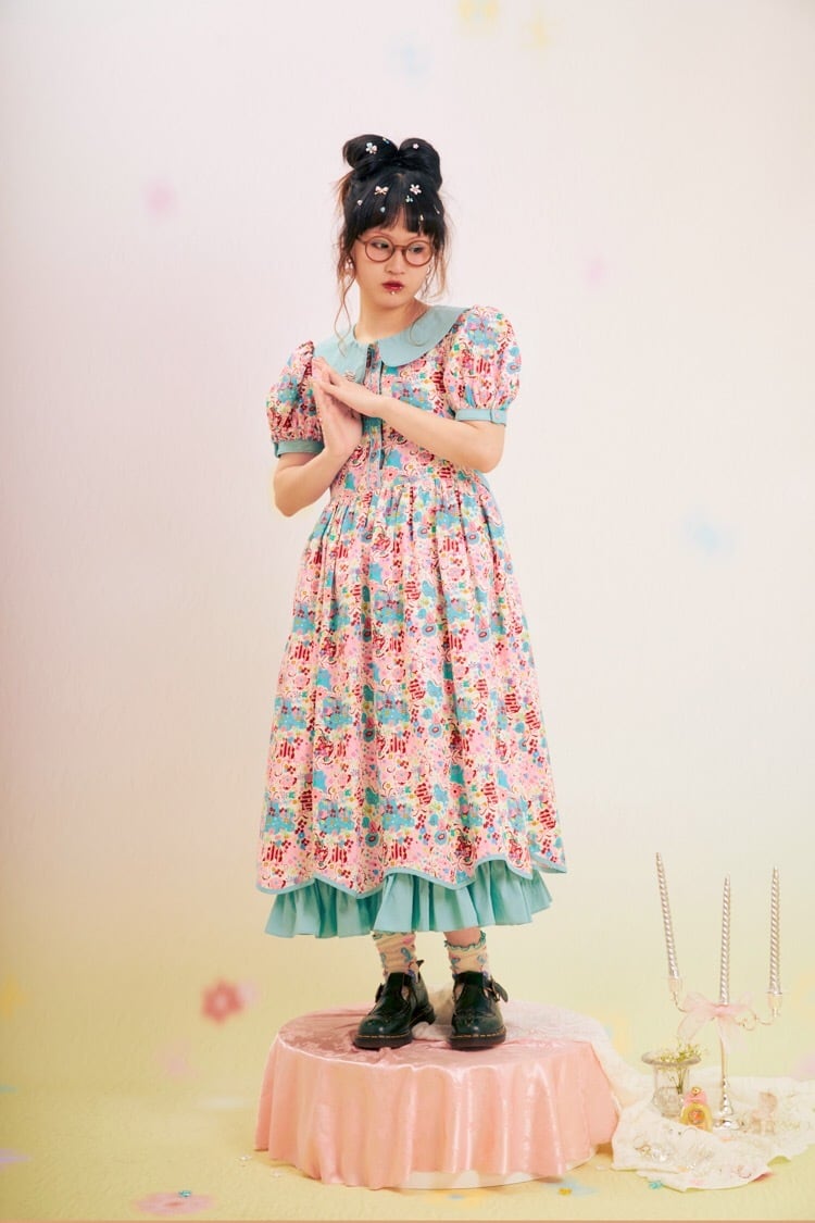 ワンピース】水色 リボン 花柄 フラワー ニット 可愛い かわいい 水色