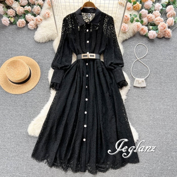 透かし彫り シャツ ワンピース ボタン アンダードレス付き 高見え ♪(M4795)ζ