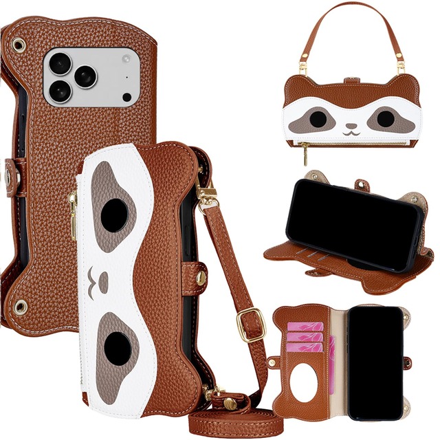COCOCLOUD for iPhone 18 Pro Max/iPhone 17 Pro Max ケース 手帳型 ショルダー For アイフォン18プロ マックス カバー 財布型【 ストラップ 長+短 2本】化粧鏡付き ジッパー小銭入れ カード収納 横置き 耐汚れ PUレザー 防指紋 高耐久性 かわいい アライグマ柄 女性用 贈り物 ブラウン