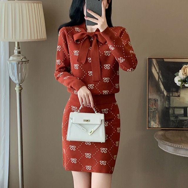 セットアップ ニット トップス+スカート リボン 綺麗め エレガント S M L XL