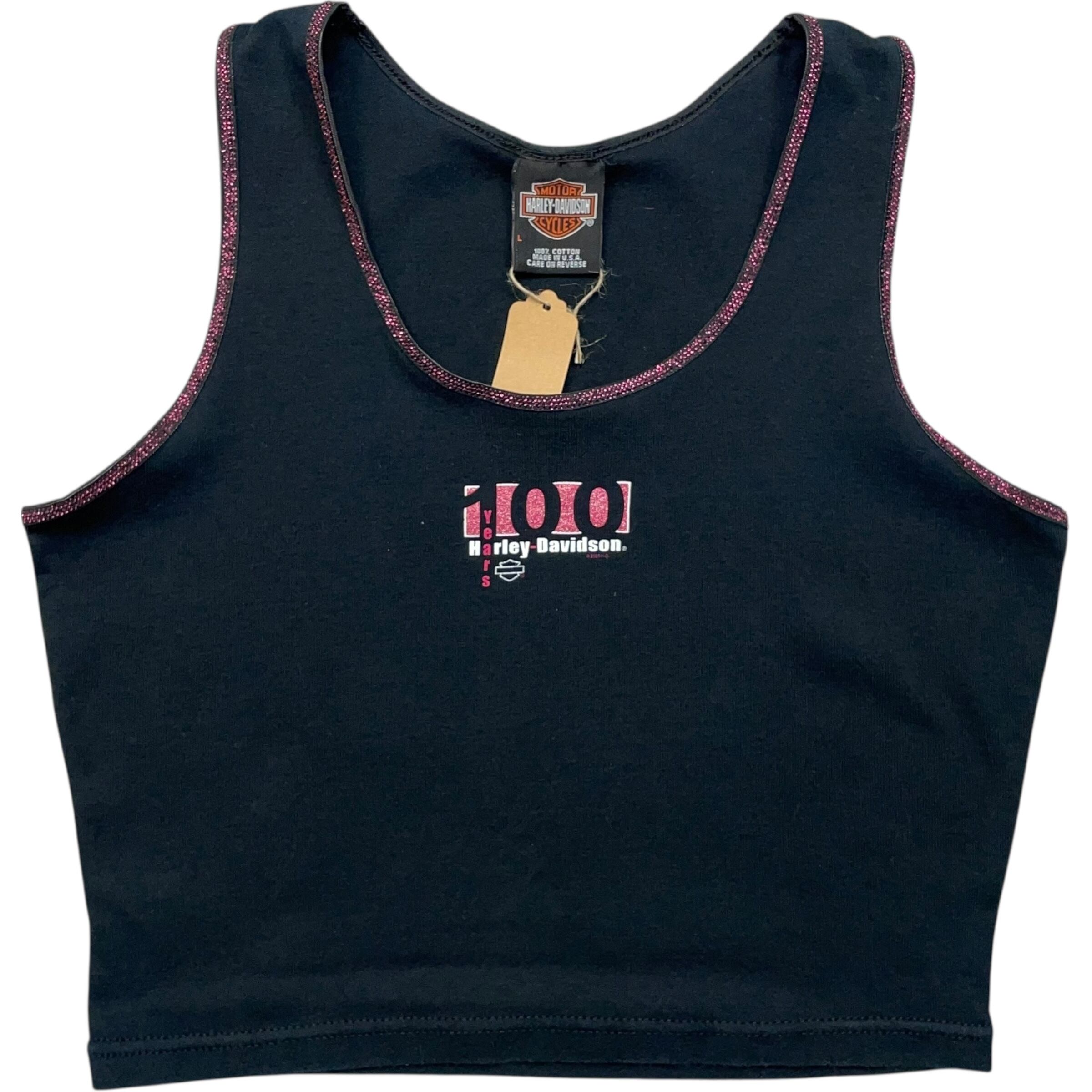 《レディースL》Harley-Davidson ハーレーダビッドソン タンクトップ クロップド丈 100周年記念 ロゴプリント 両面プリント USA製 no.8423