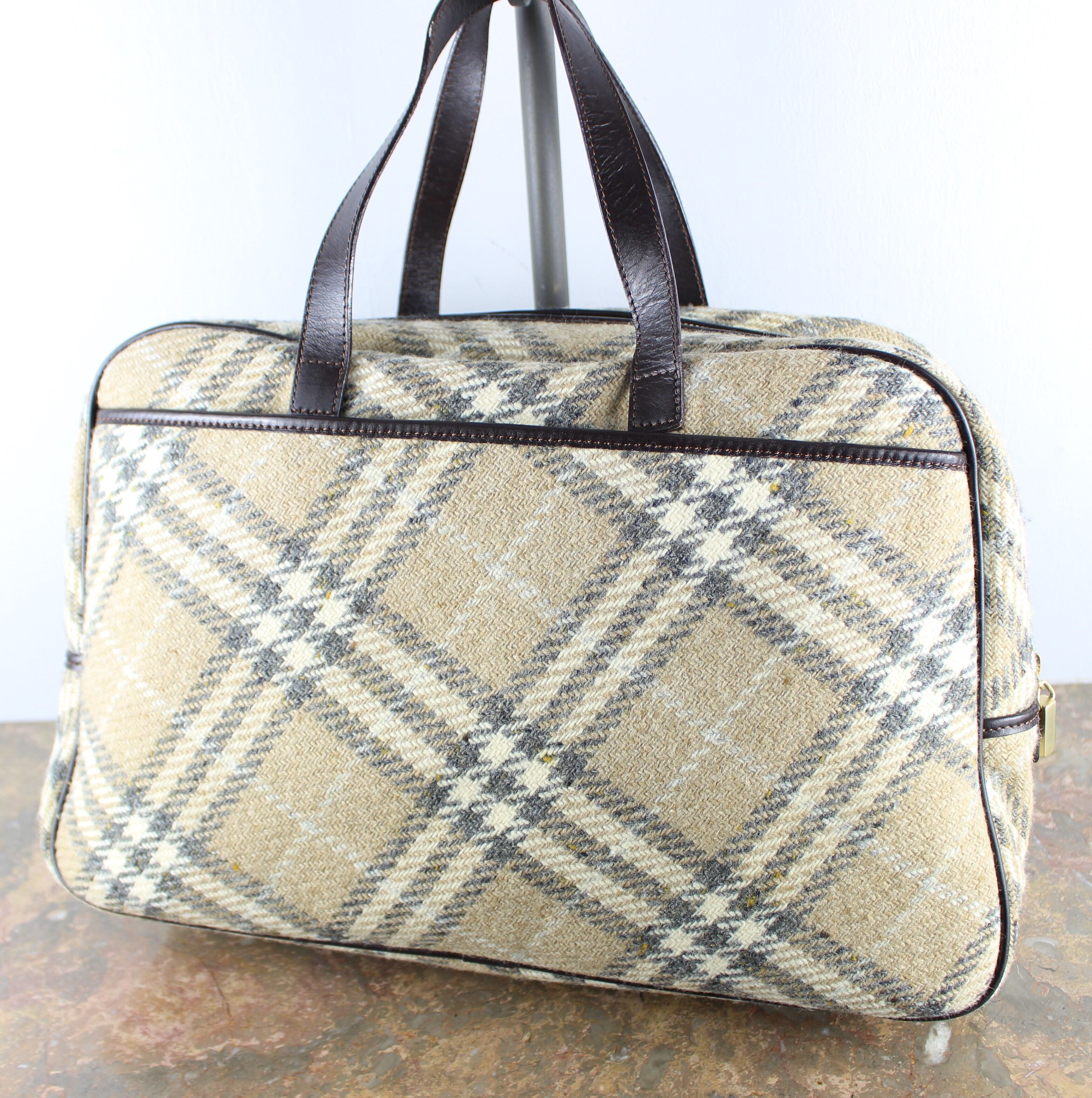 BURBERRY CHECK PATTERNED WOOL LEATHER BOSTON BAG/バーバリー