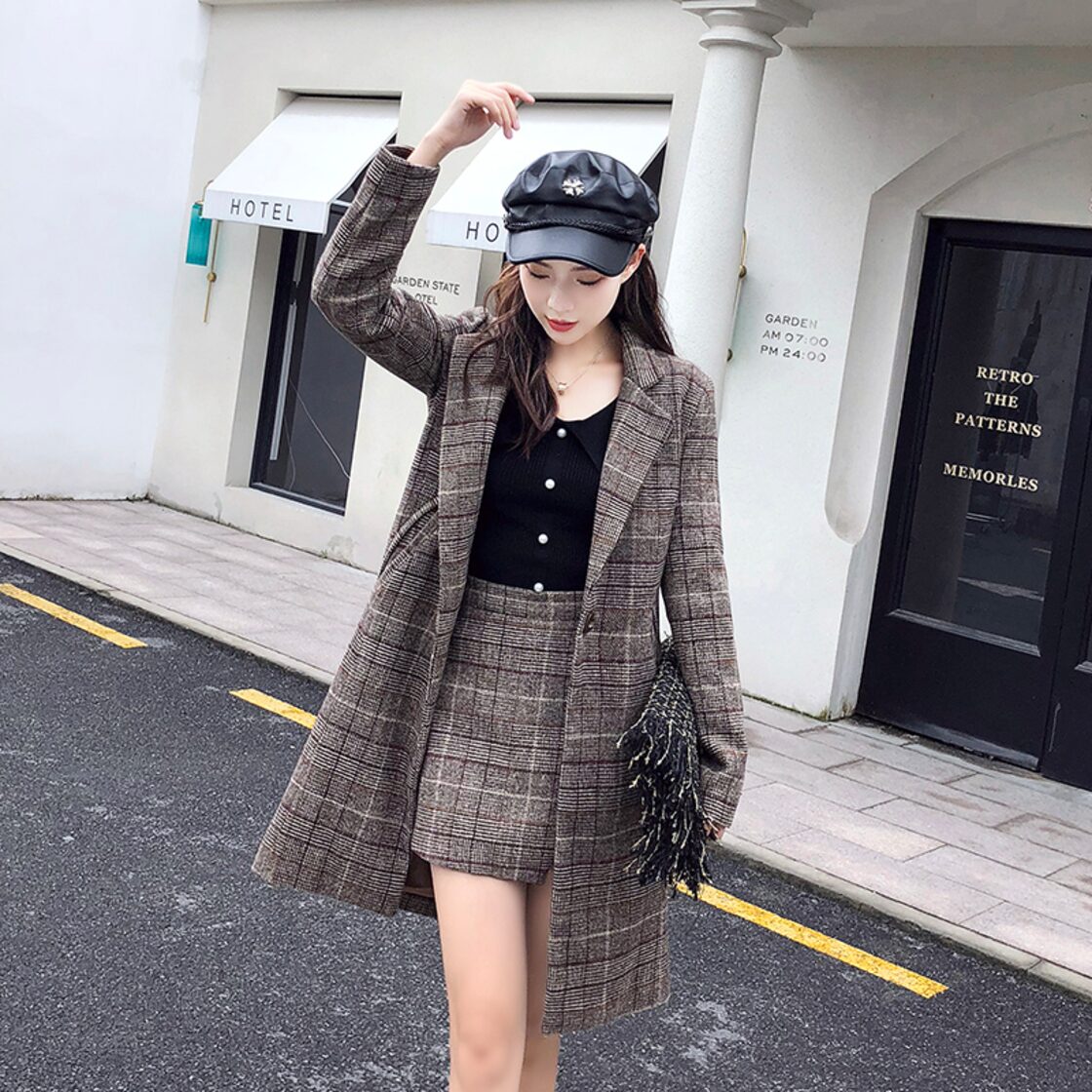 レディース セットアップ チェック柄 ロングジャケット ＋ ショート 