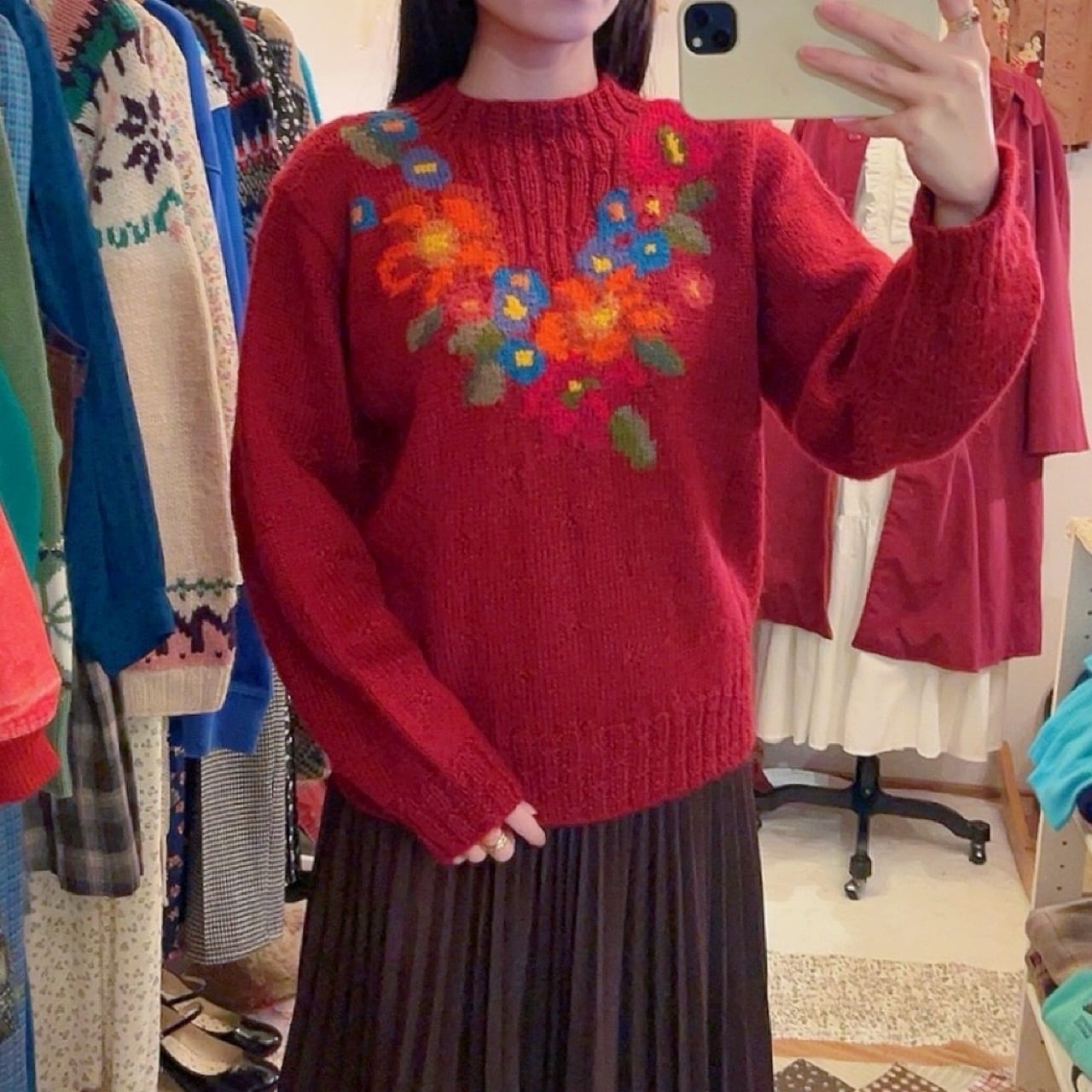 colorful flower bordeaux knit sweater