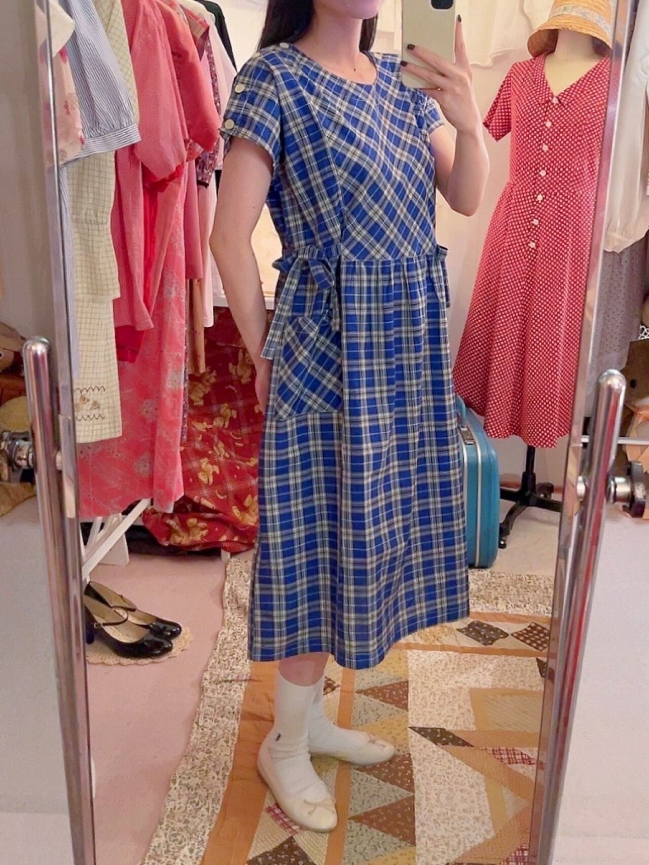 blue white check cotton one-piece