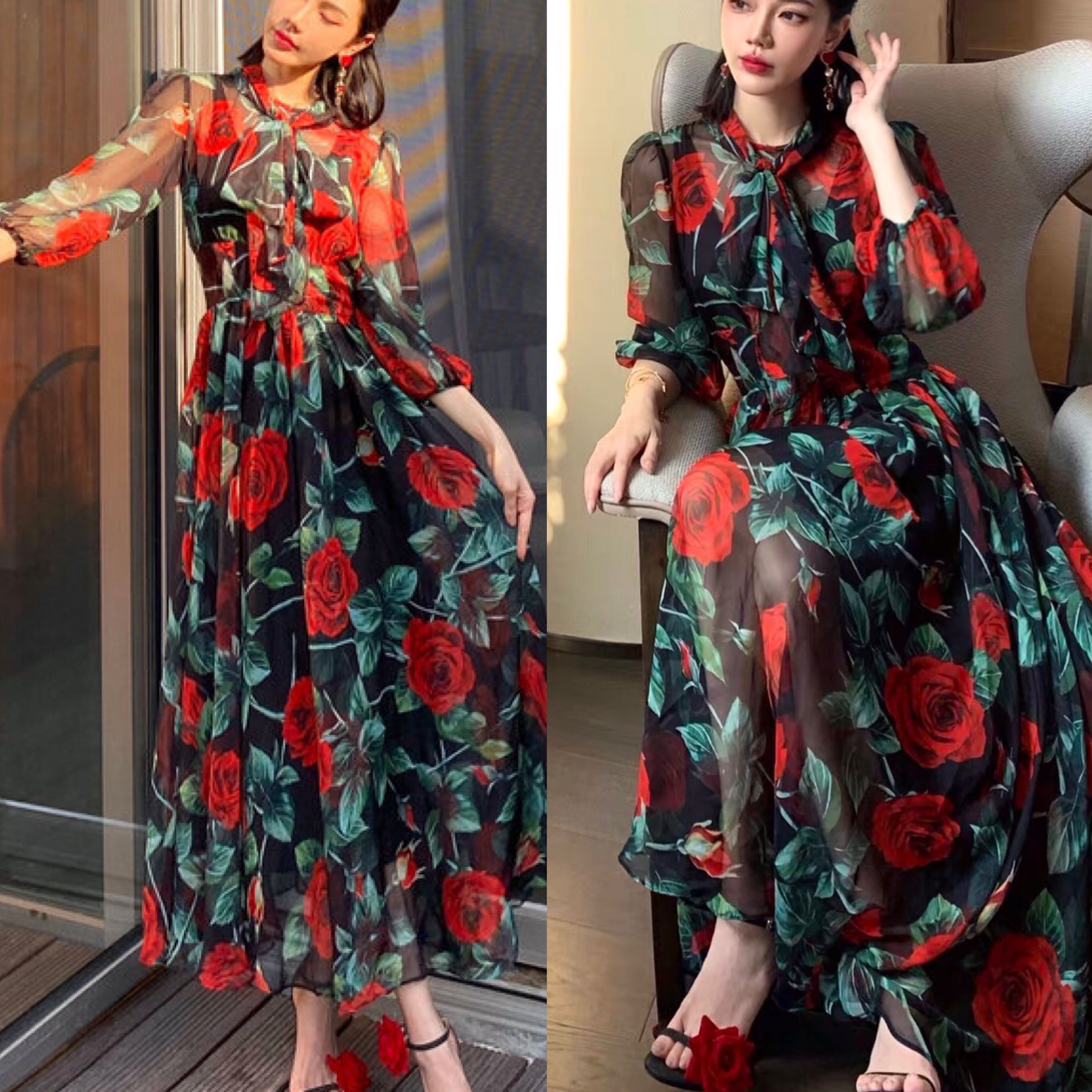 ワンピース 黒 薔薇 ピンク ワンピース XL 花柄 フラワー ゆったり