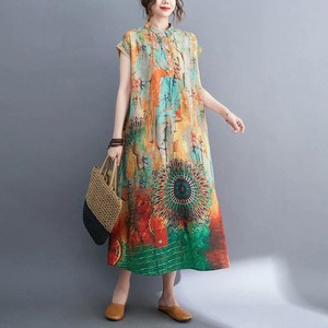 ART PRINT TINY COLLAR FRENCH SLEEVES A-LINE LONG SHIRT DRESS 1color M-17013
