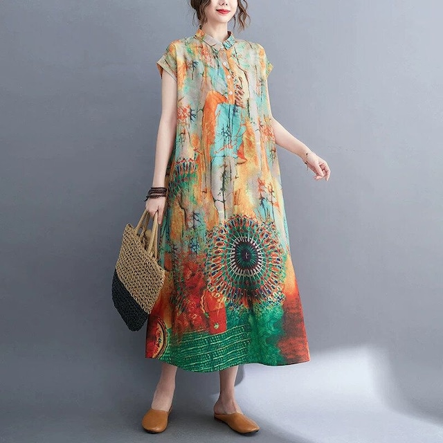 ART PRINT TINY COLLAR FRENCH SLEEVES A-LINE LONG SHIRT DRESS 1color M-17013