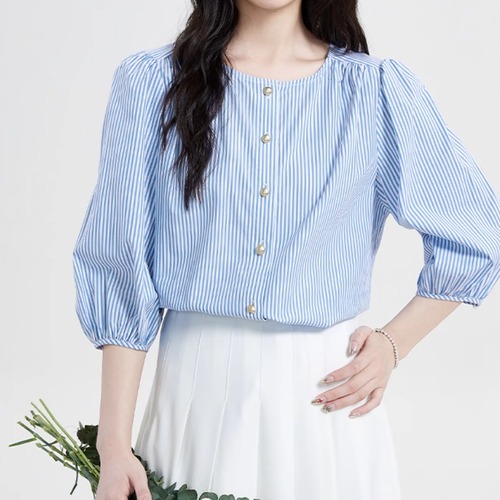 パールボタンストライプブラウス ・7563
