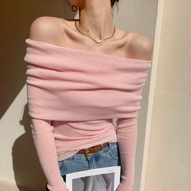 Off-shoulder draped long-sleeve knit【H00507】