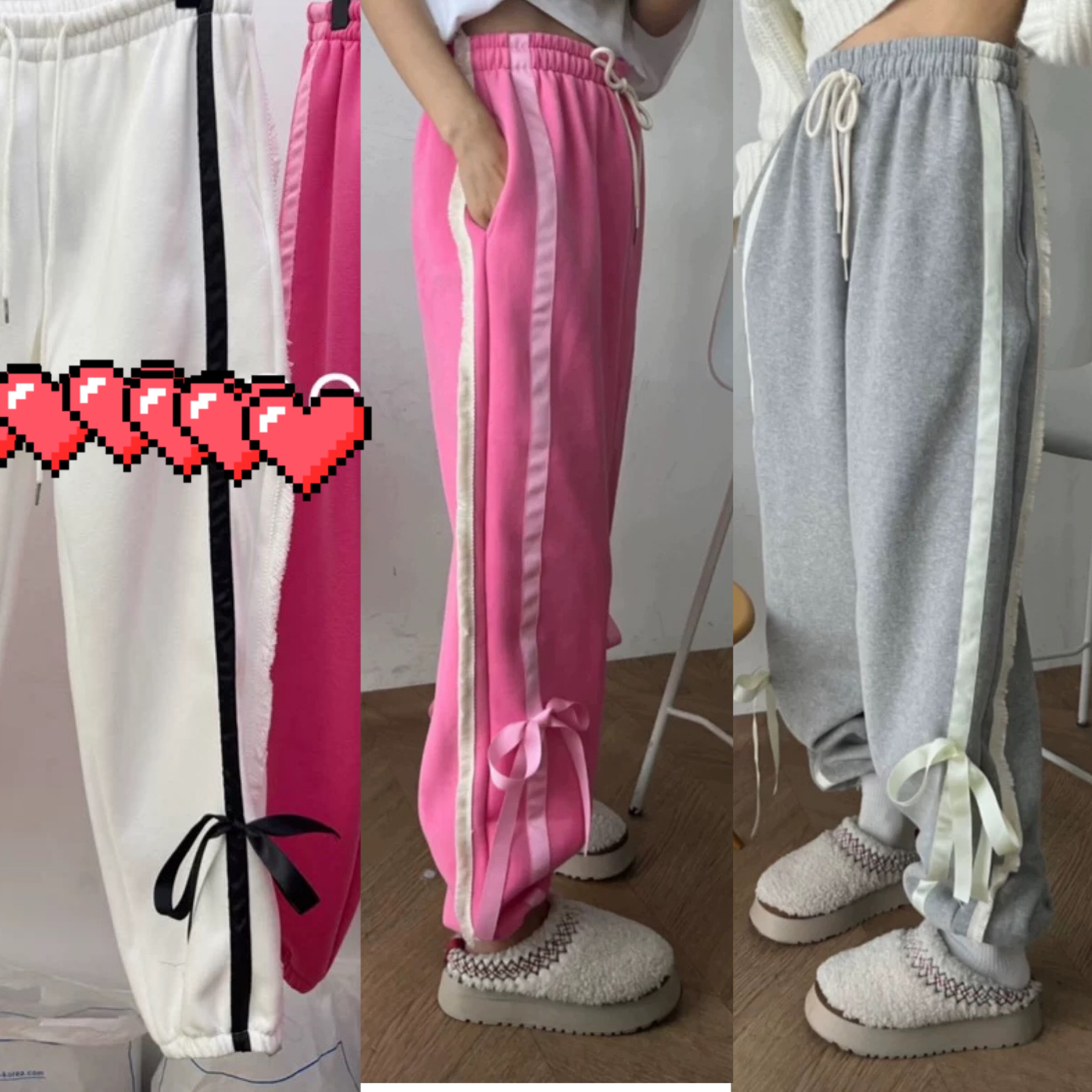 ピンク グレー リボン スウェット 白 パンツ カジュアル | LOVEYsmileSHOP