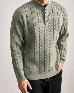 クラシック ケーブル編みヘンリーネックニット 2色　A0135