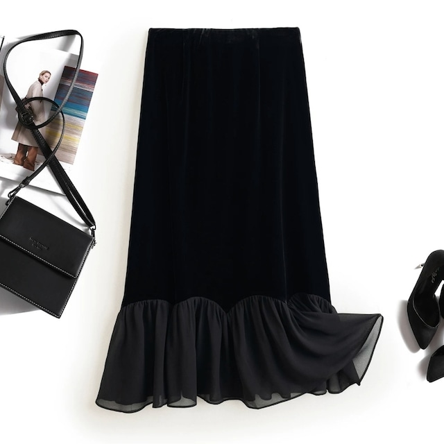 Chiffon ruffle velvet skirt　M1790