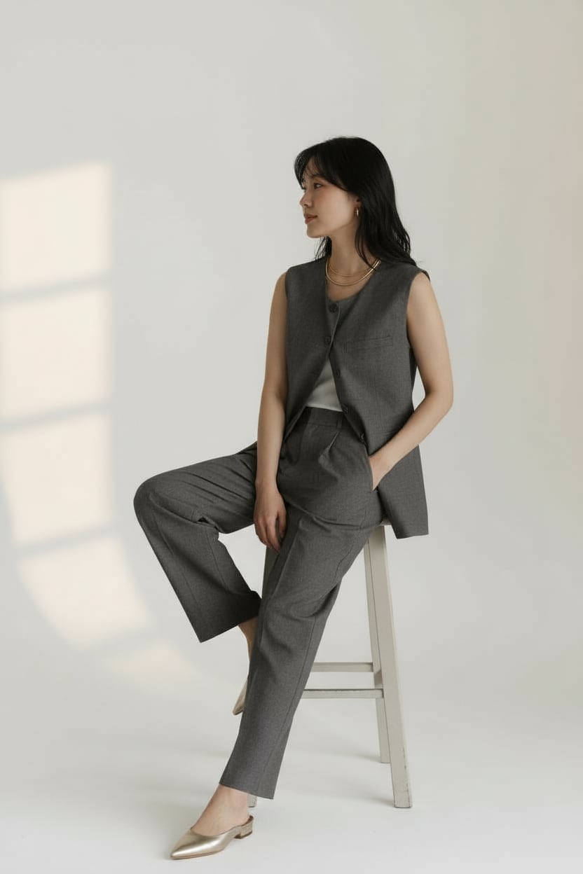 リネン混ロングベスト×パンツセットアップ