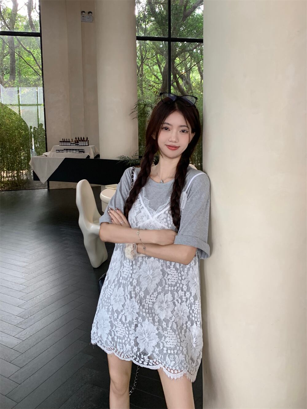 2点セットTシャツワンピースレースキャミソールワンピース set】Tシャツ×レースキャミワンピースセット M23686 | nanastyle