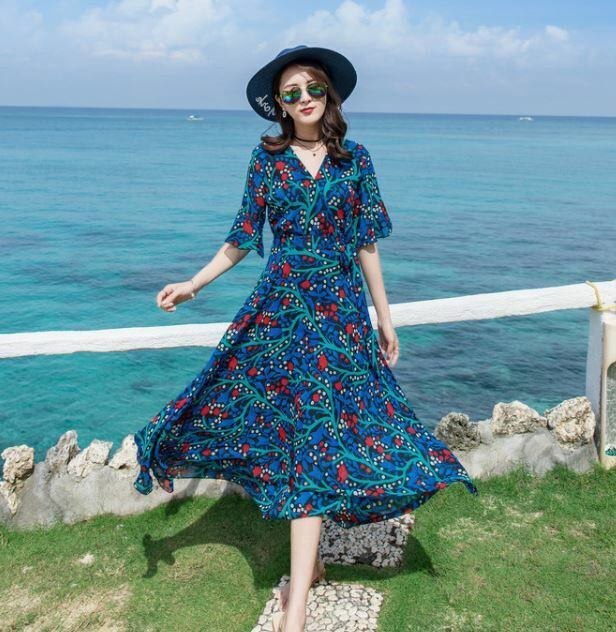 ワンピース リゾート ワンピース ハワイ 沖縄リゾートワンピース 半袖 ワンピース リゾート 結婚式 マキシ丈 花柄 ｖネック シフォン マ Manajily オルチャン 韓国 プチプラレディースファッション