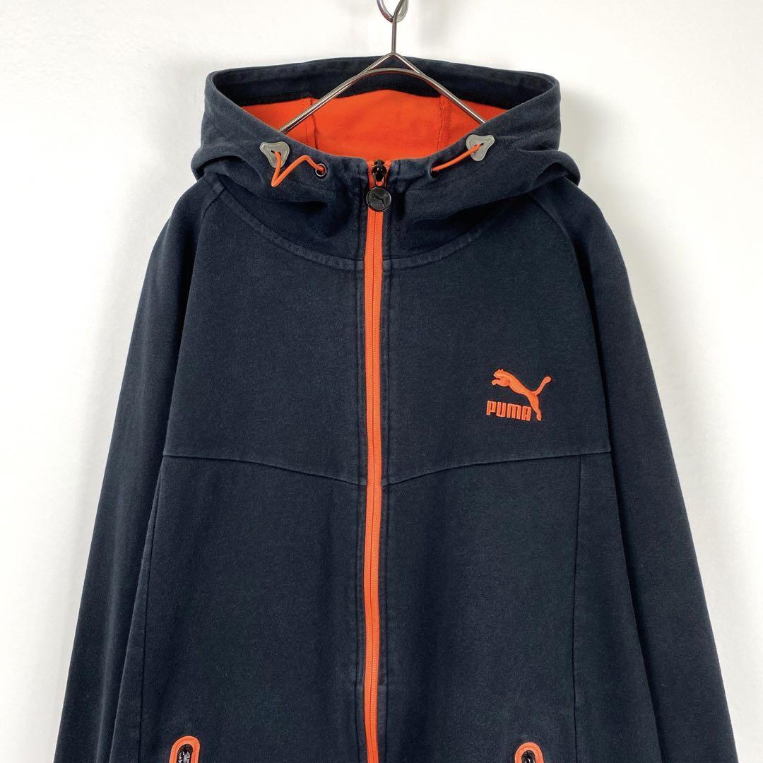 XL 90s PUMA プーマ ジップパーカー トラックパーカー 黒オレンジ XL ...