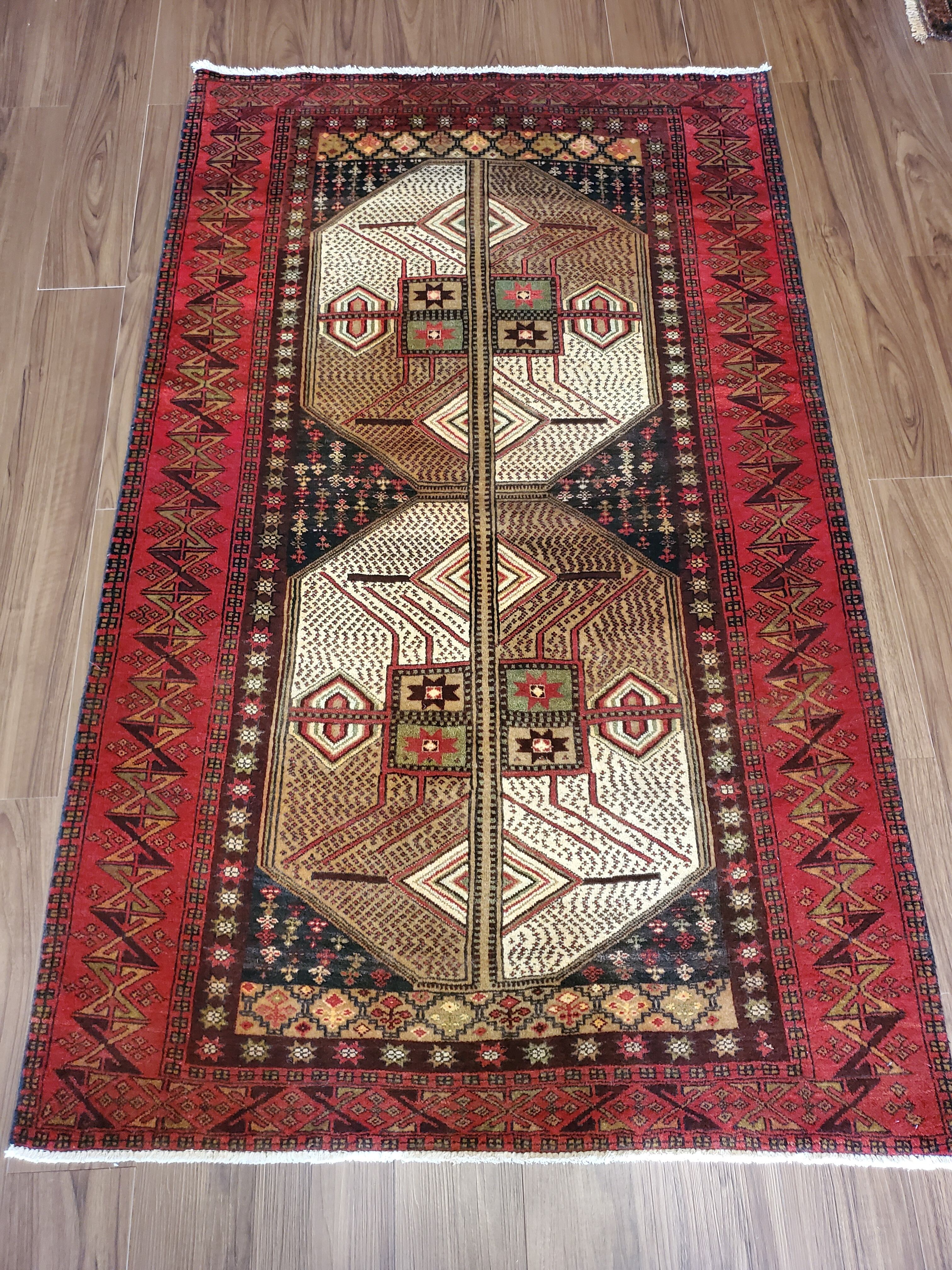 アンティーク バルーチ族 八芒星の祈祷用絨毯 手織り トライバルラグ