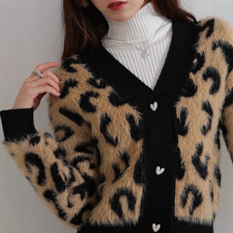 【outer】ヒョウ柄ニットカーディガン Q7076