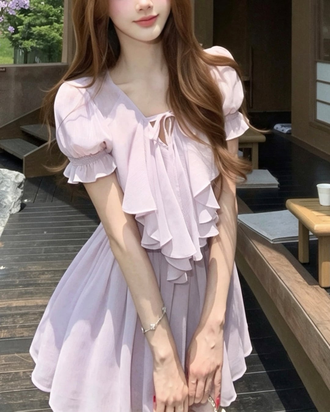 ラベンダーシフォン フロントフリルフレアワンピース 2608915