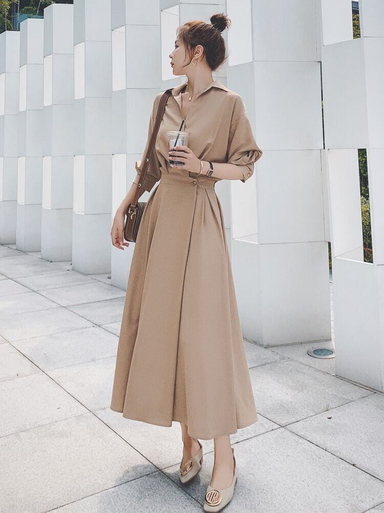 即納品】テラコッタカラーが可愛い♪ シンプル ロングシャツワンピース