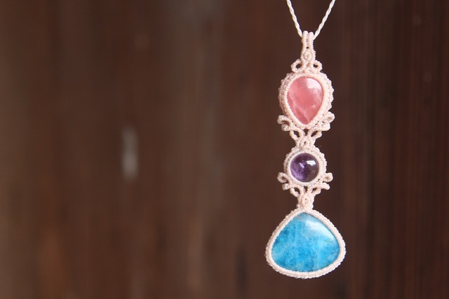 Apatite & Rhodochrosite & Amethyst micro macrame pendant